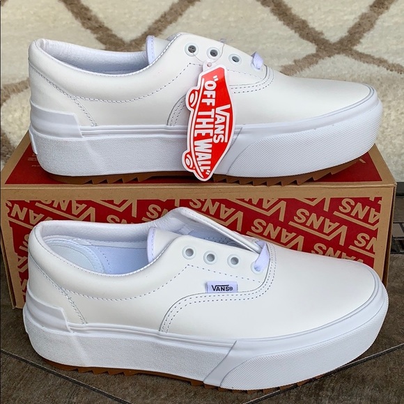 vans era stacked leather white platform shoes